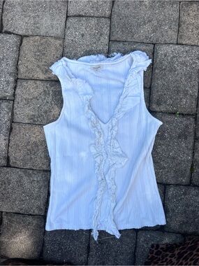 Pilcro (Anthropologie) White Ruffle V-Neck Ribbed Sleeveless Top